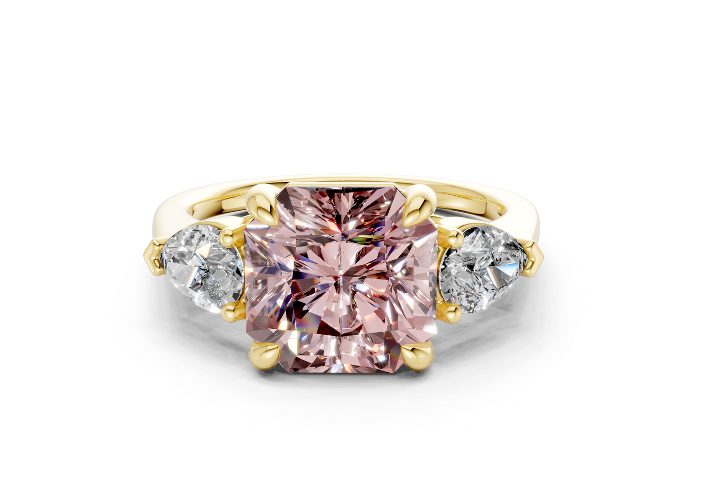 Vine Pink Diamond Three Stone Radiant Square Cut 1.8mm Engagement Ring