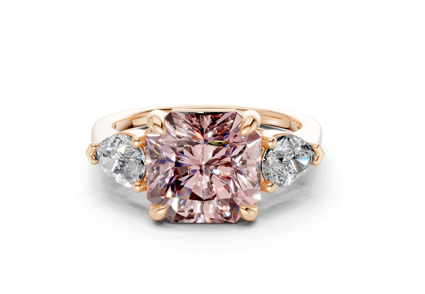 Vine Pink Diamond Three Stone Radiant Square Cut 1.8mm Engagement Ring