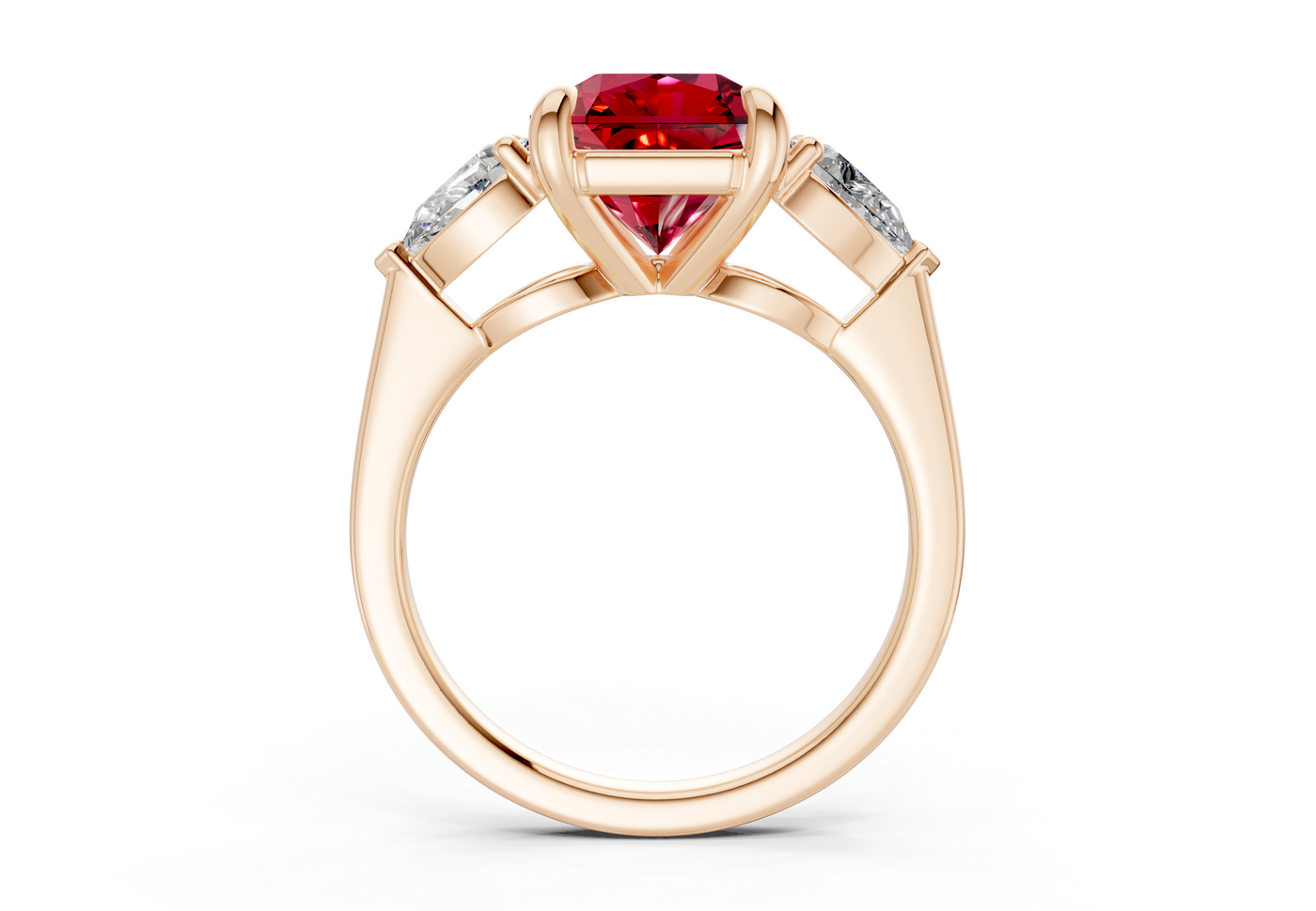 Vine Ruby Gemstone Three Stone Radiant Square Cut 1.8mm Engagement Ring