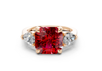 Vine Ruby Gemstone Three Stone Radiant Square Cut 1.8mm Engagement Ring