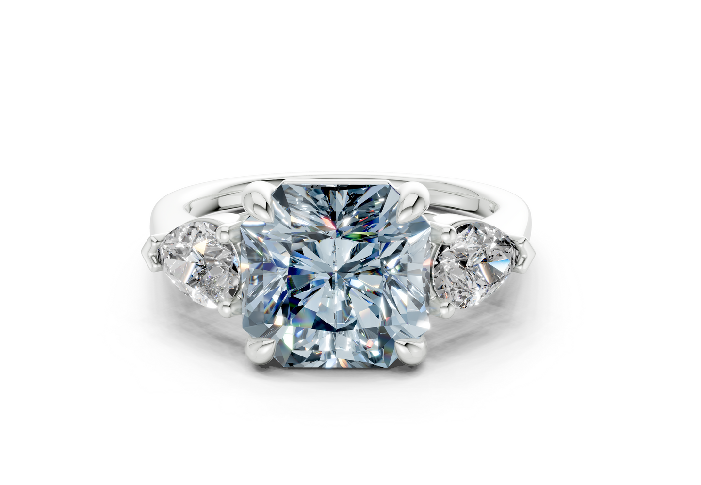 Vine Blue Diamond Three Stone Radiant Square Cut 1.8mm Engagement Ring