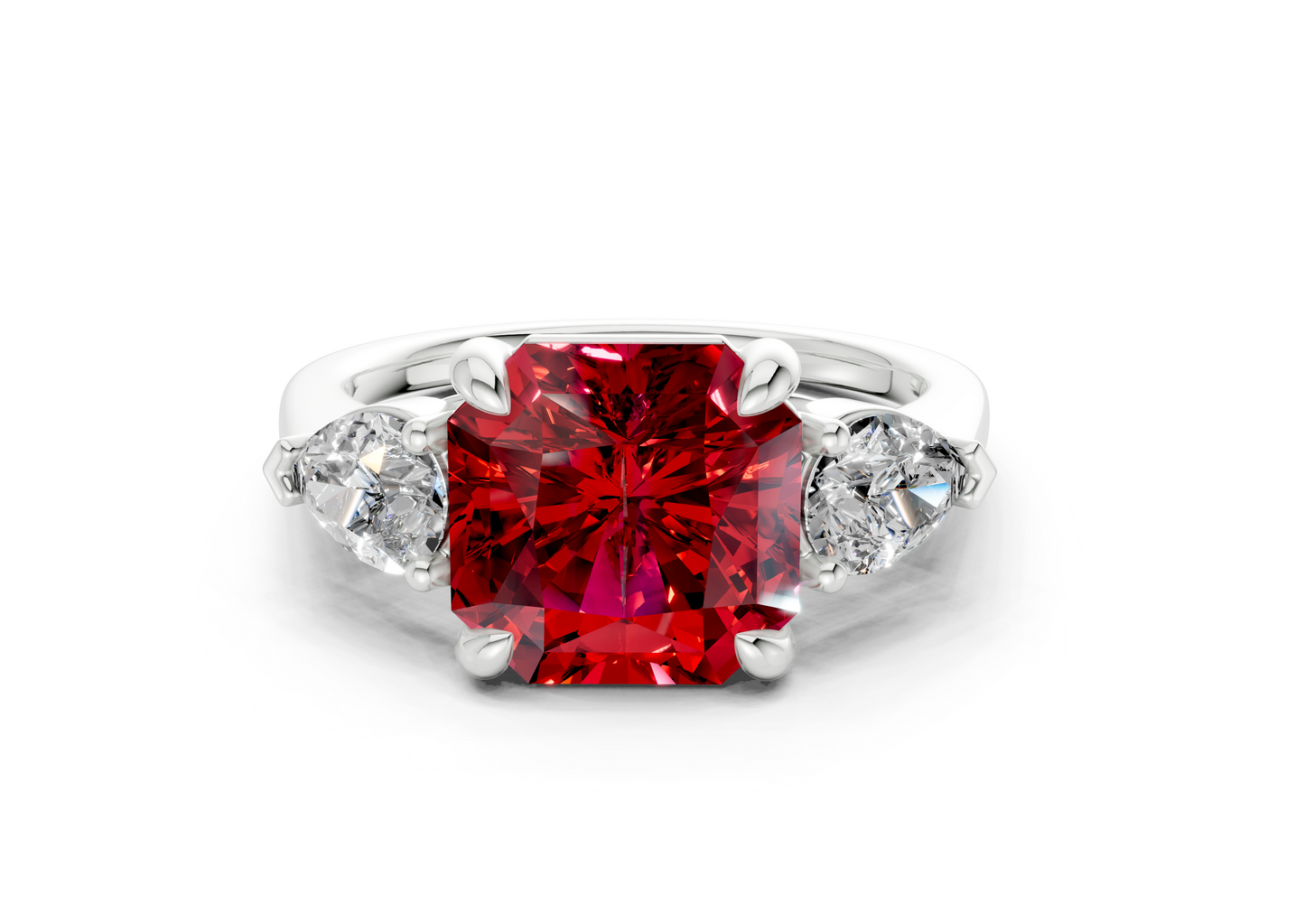 Vine Ruby Gemstone Three Stone Radiant Square Cut 1.8mm Engagement Ring