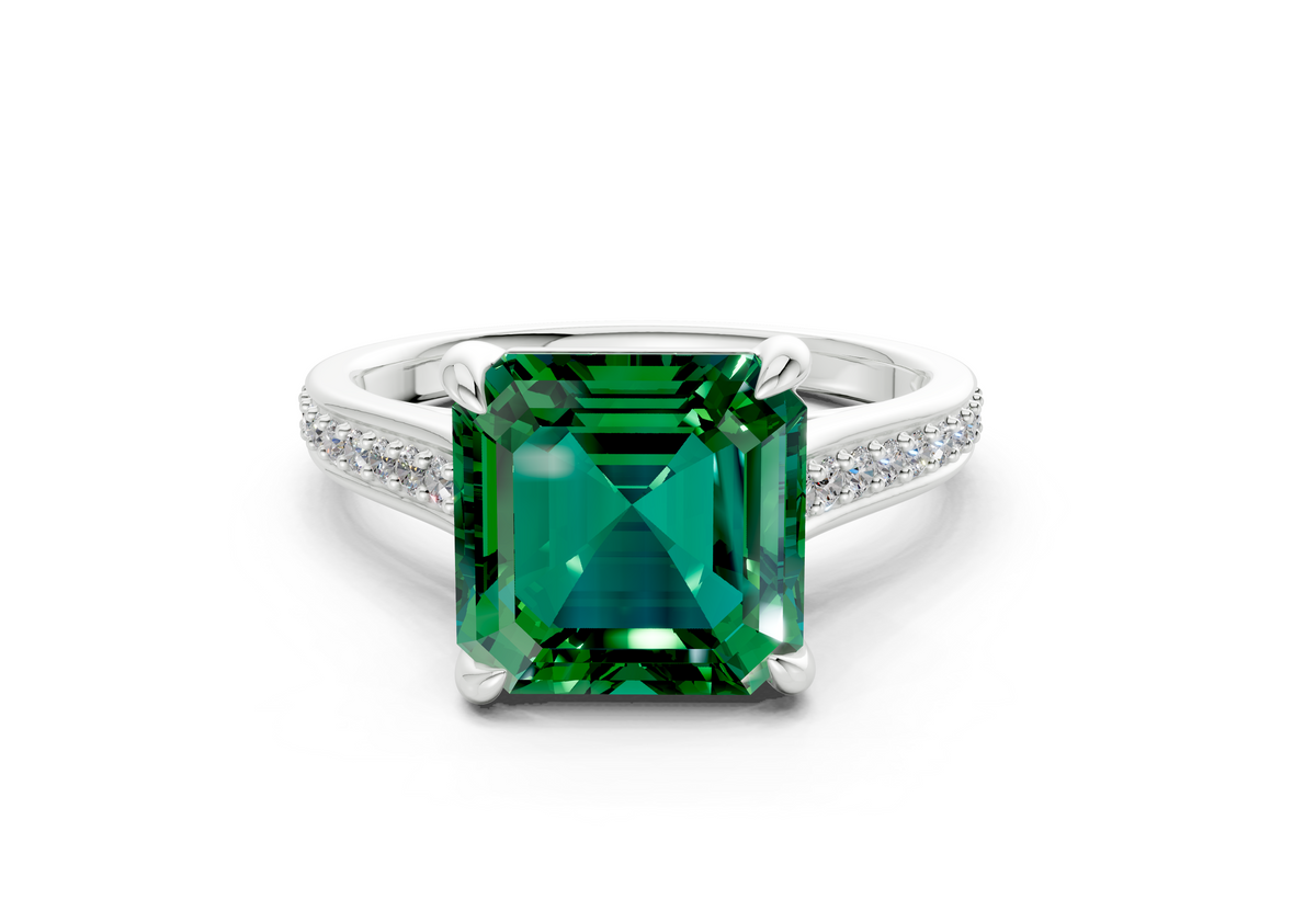Adeline Emerald Gemstone Pave Asscher Cut 2mm Engagement Ring