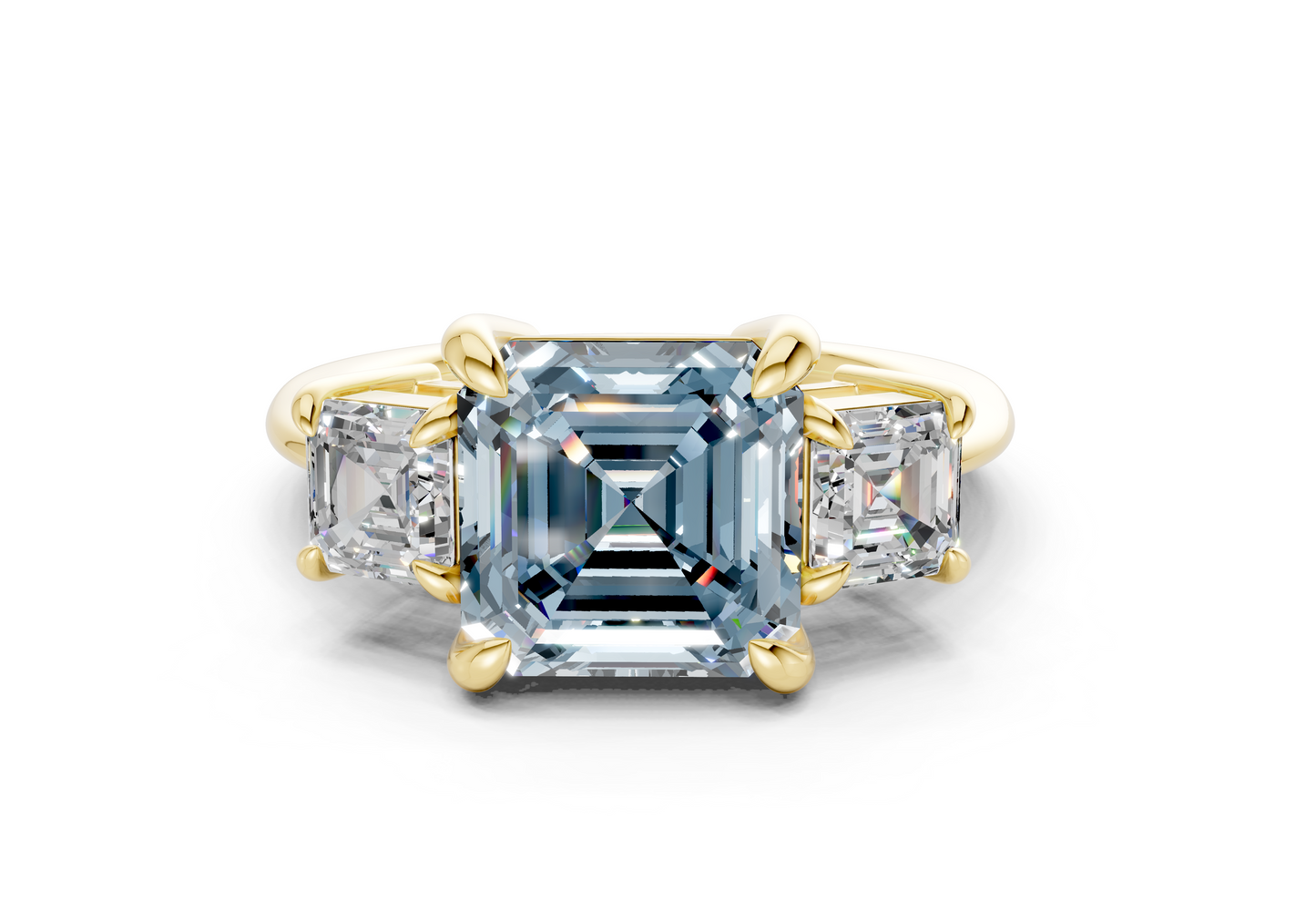 Valencia Blue Diamond Three Stone Asscher Cut 2mm Engagement Ring