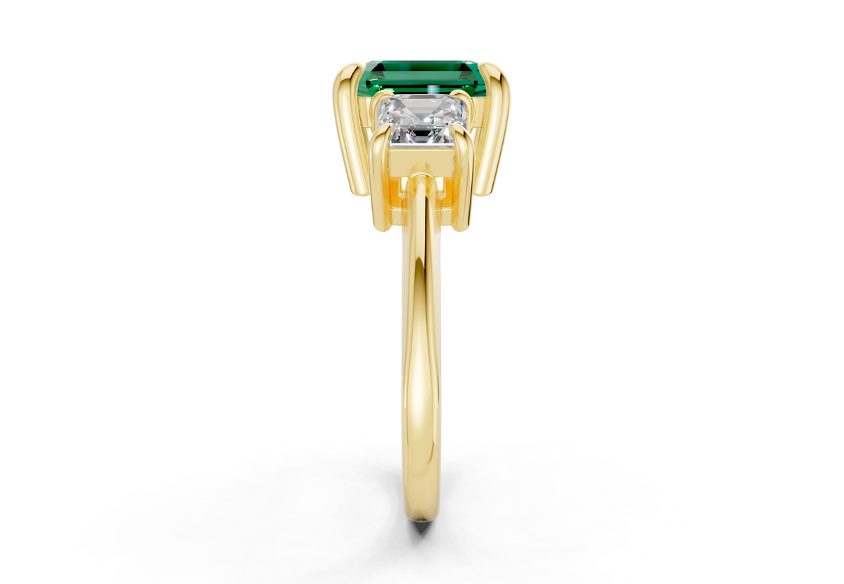Valencia Emerald Gemstone Three Stone Asscher Cut 2mm Engagement Ring