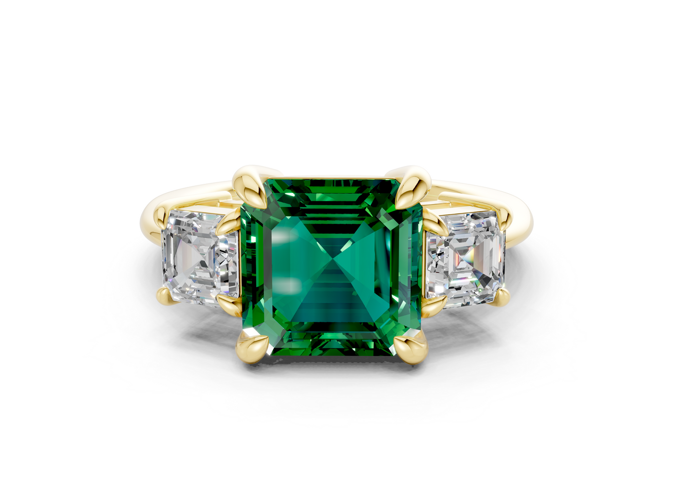 Valencia Emerald Gemstone Three Stone Asscher Cut 2mm Engagement Ring
