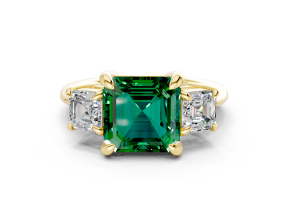 Valencia Emerald Gemstone Three Stone Asscher Cut 2mm Engagement Ring