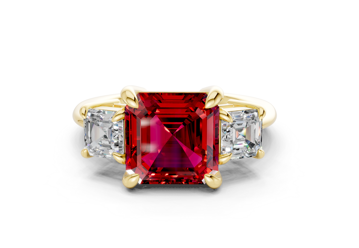 Valencia Ruby Gemstone Three Stone Asscher Cut 2mm Engagement Ring