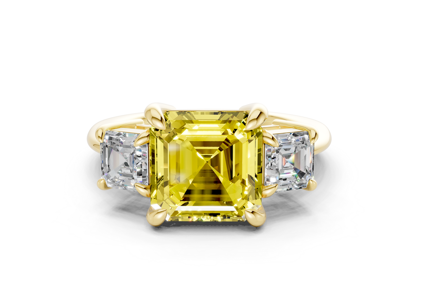 Valencia Yellow Diamond Three Stone Asscher Cut 2mm Engagement Ring