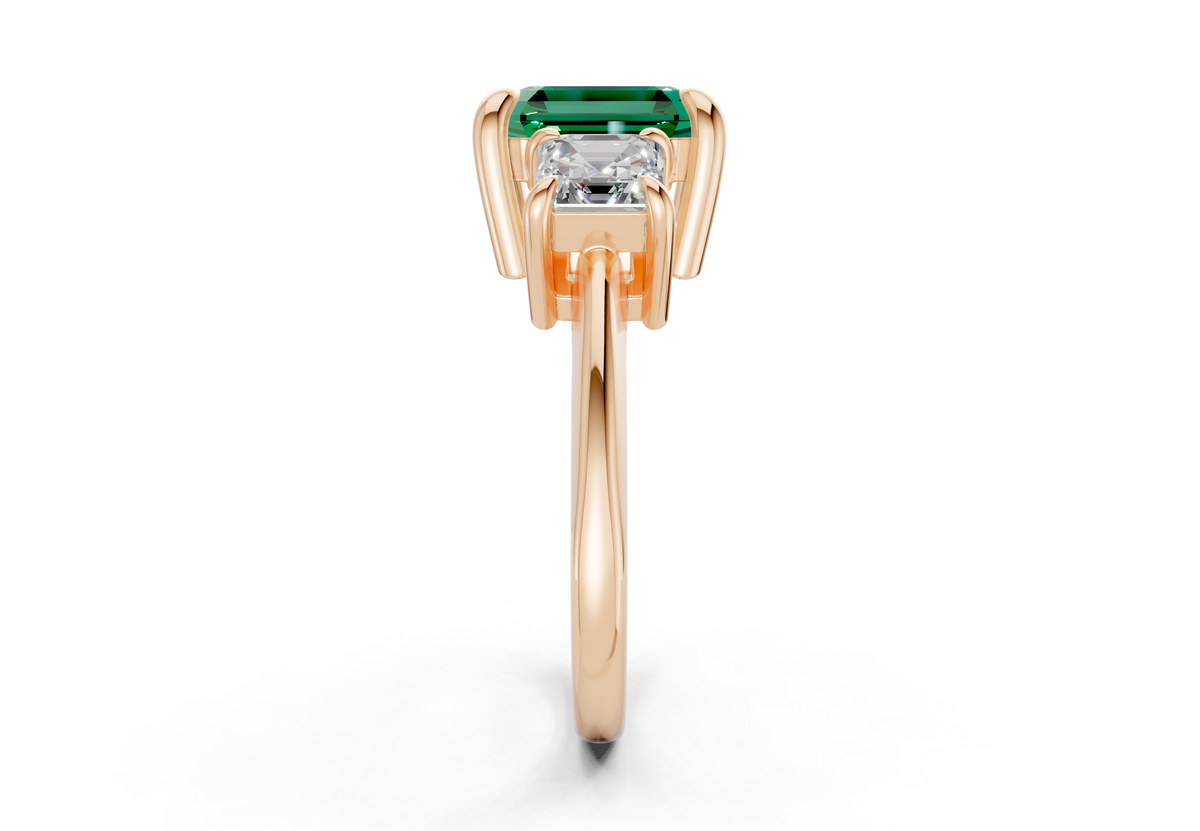 Valencia Emerald Gemstone Three Stone Asscher Cut 2mm Engagement Ring