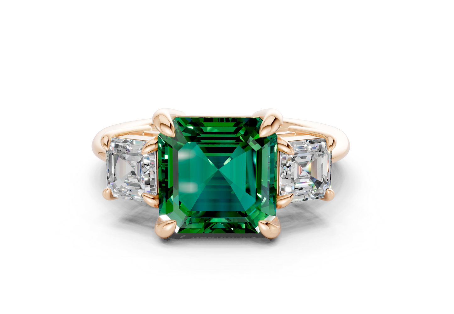 Valencia Emerald Gemstone Three Stone Asscher Cut 2mm Engagement Ring