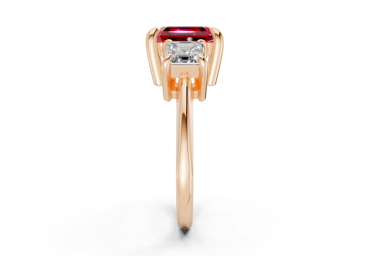 Valencia Ruby Gemstone Three Stone Asscher Cut 2mm Engagement Ring