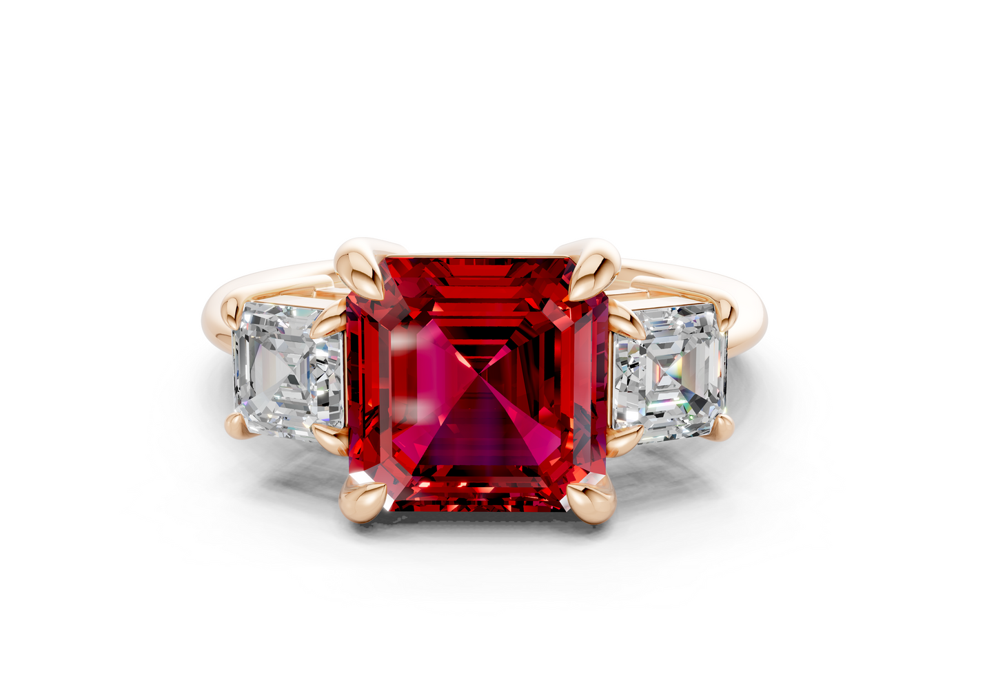 Valencia Ruby Gemstone Three Stone Asscher Cut 2mm Engagement Ring