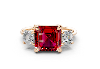 Valencia Ruby Gemstone Three Stone Asscher Cut 2mm Engagement Ring