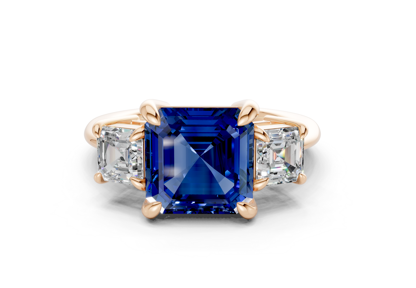 Valencia Sapphire Gemstone Three Stone Asscher Cut 2mm Engagement Ring