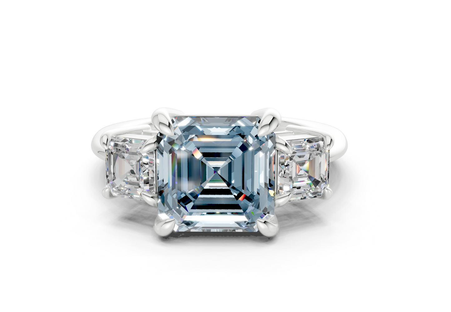 Valencia Blue Diamond Three Stone Asscher Cut 2mm Engagement Ring