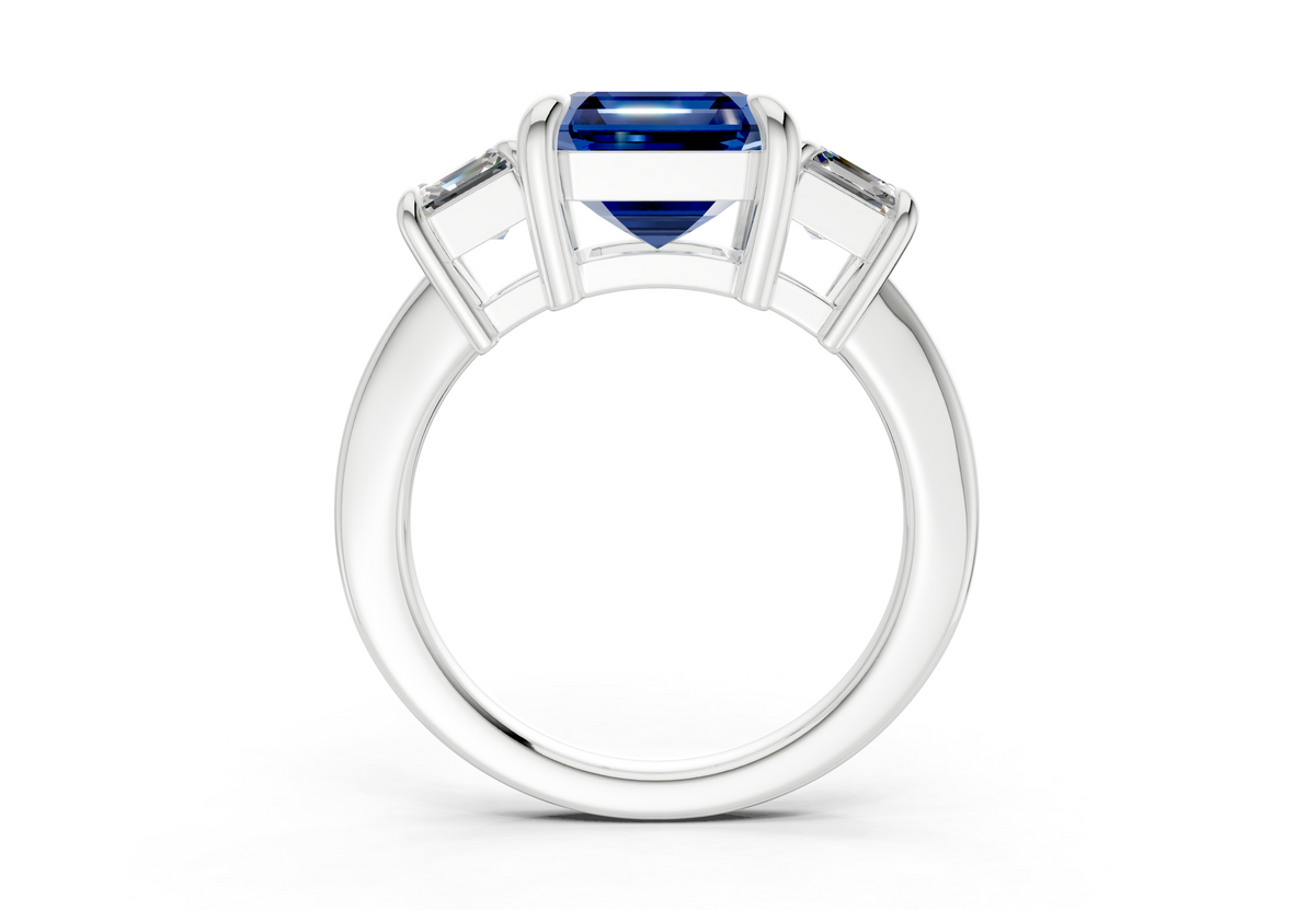 Valencia Sapphire Gemstone Three Stone Asscher Cut 2mm Engagement Ring