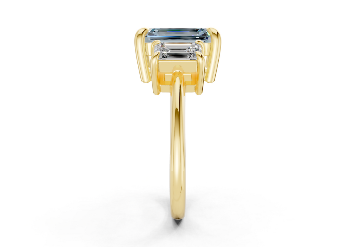 Valencia Blue Diamond Three Stone Emerald Cut 2mm Engagement Ring