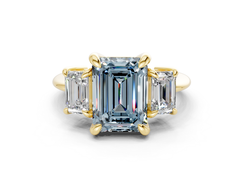 Valencia Blue Diamond Three Stone Emerald Cut 2mm Engagement Ring
