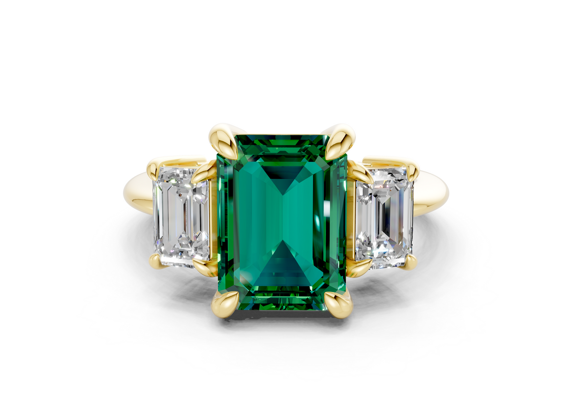 Valencia Emerald Gemstone Three Stone Emerald Cut 2mm Engagement Ring