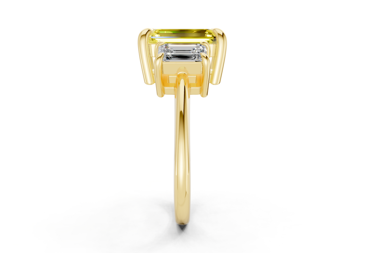 Valencia Yellow Diamond Three Stone Emerald Cut 2mm Engagement Ring