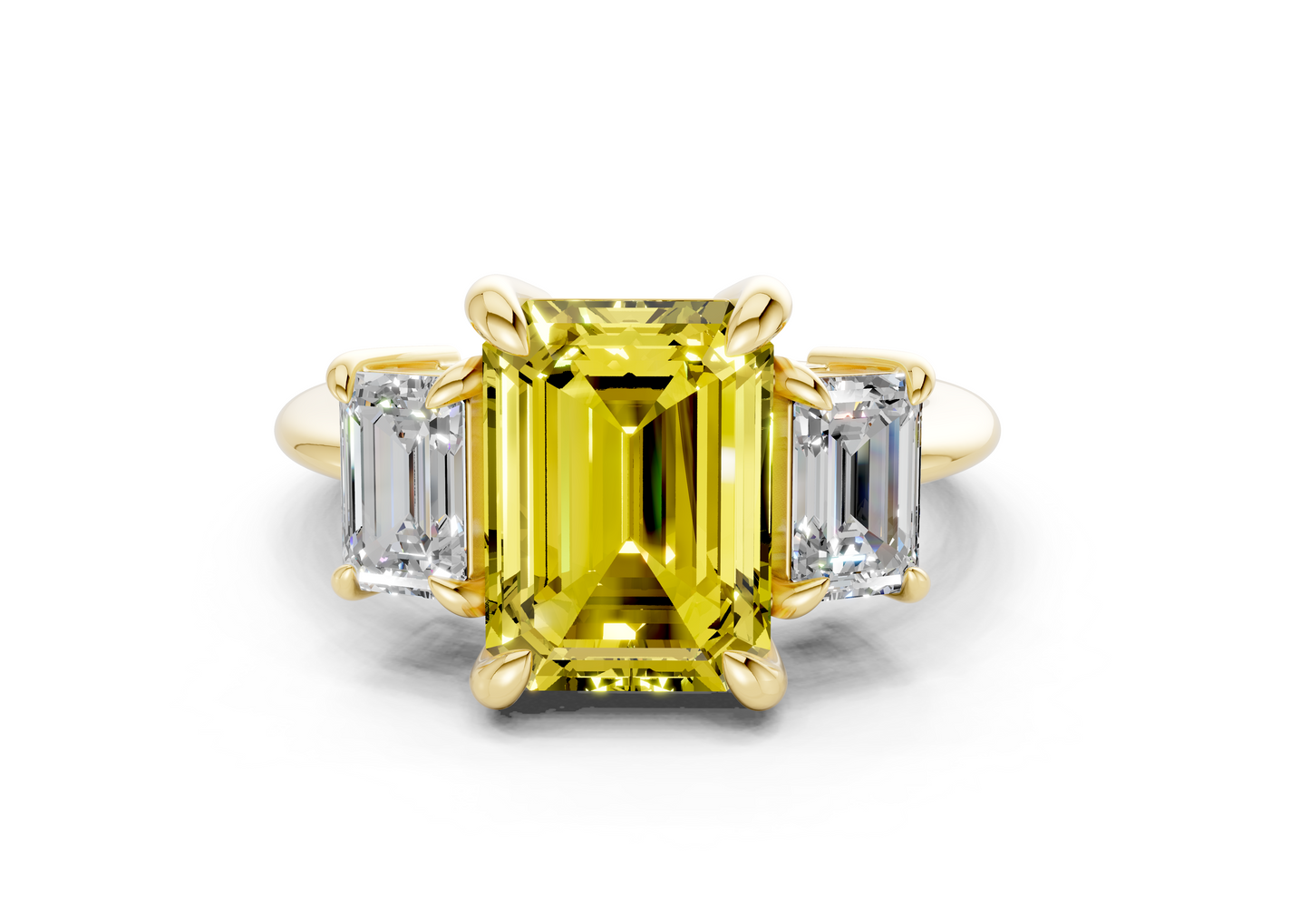 Valencia Yellow Diamond Three Stone Emerald Cut 2mm Engagement Ring