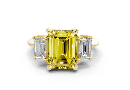Valencia Yellow Diamond Three Stone Emerald Cut 2mm Engagement Ring