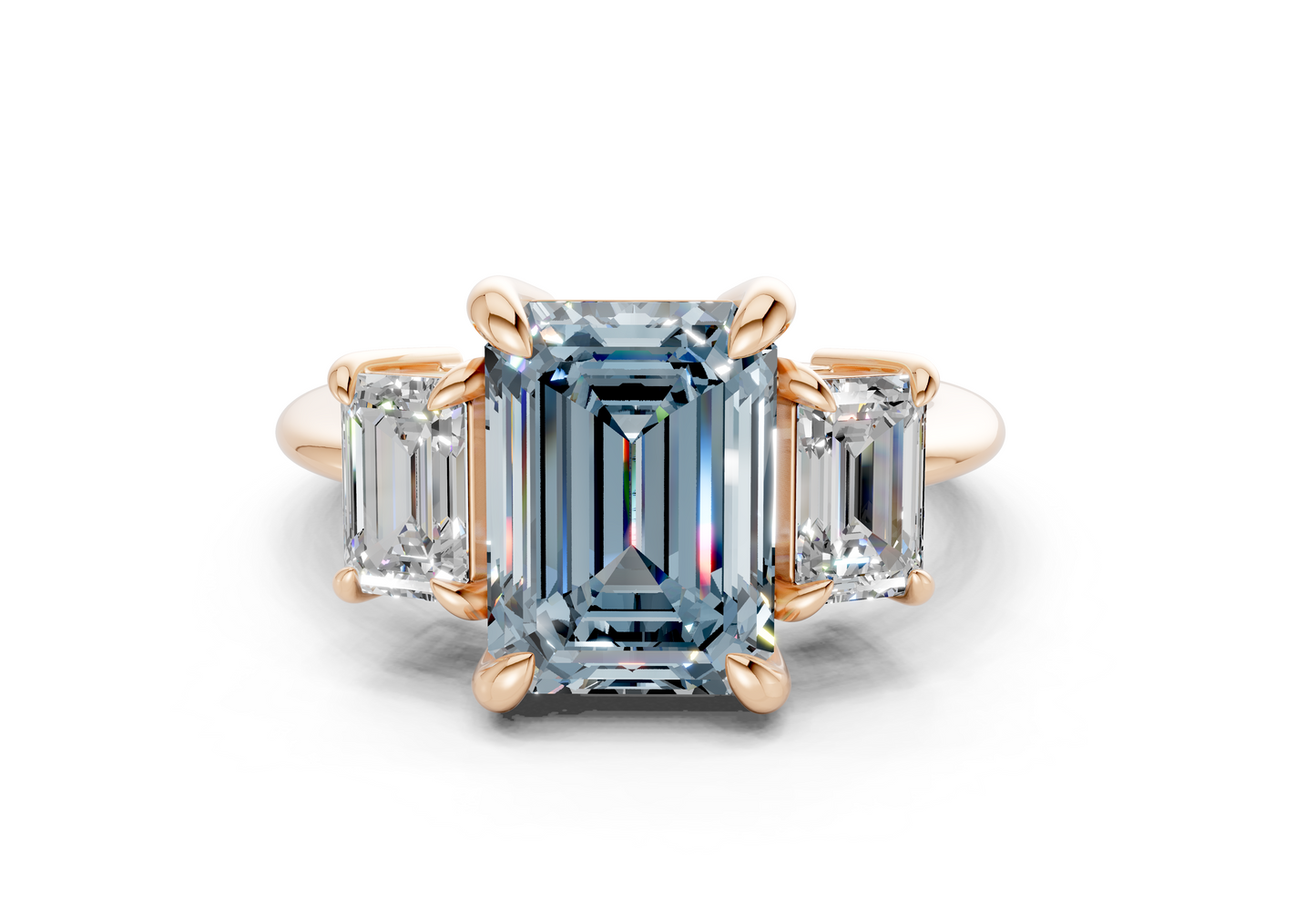Valencia Blue Diamond Three Stone Emerald Cut 2mm Engagement Ring