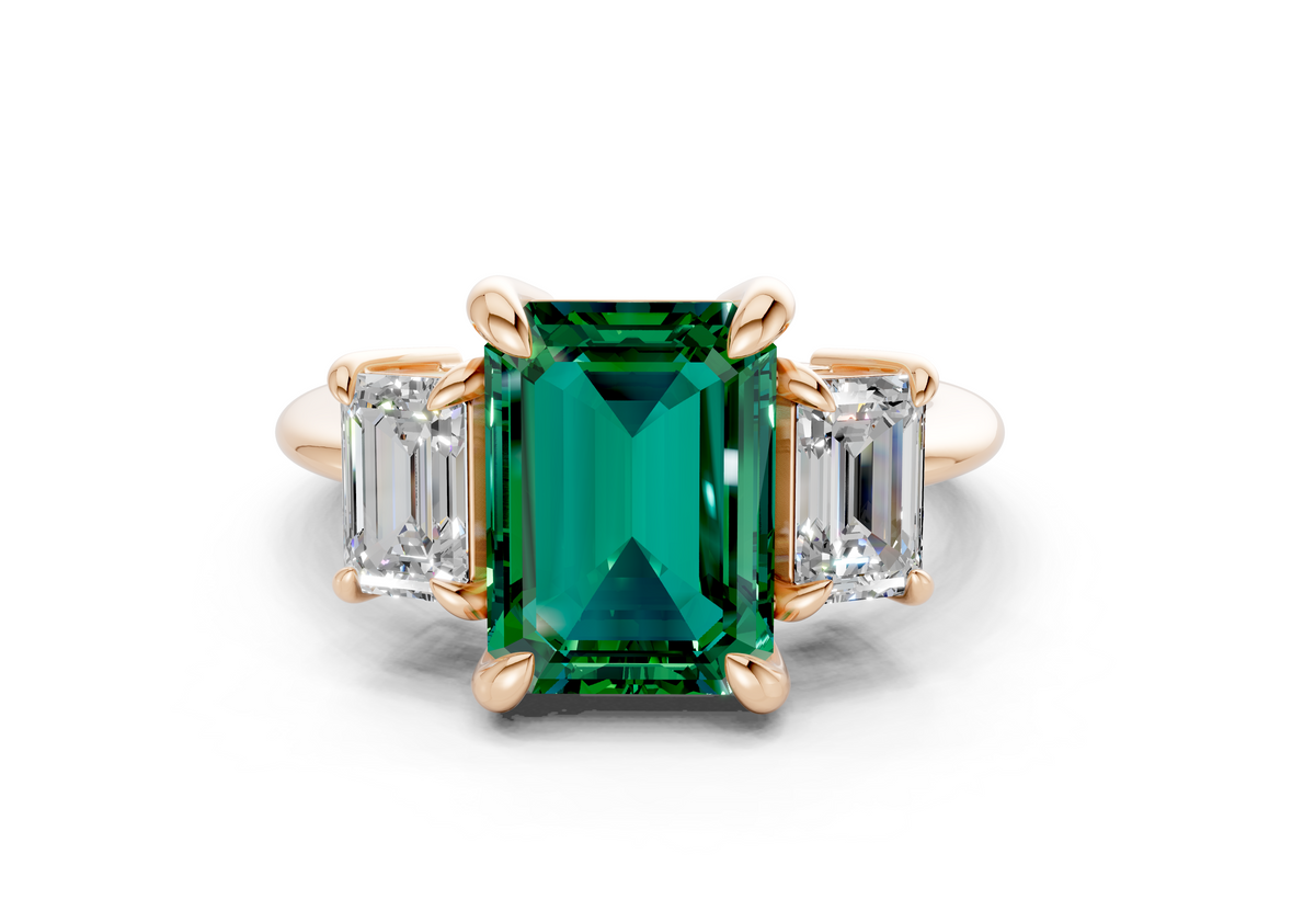 Valencia Emerald Gemstone Three Stone Emerald Cut 2mm Engagement Ring