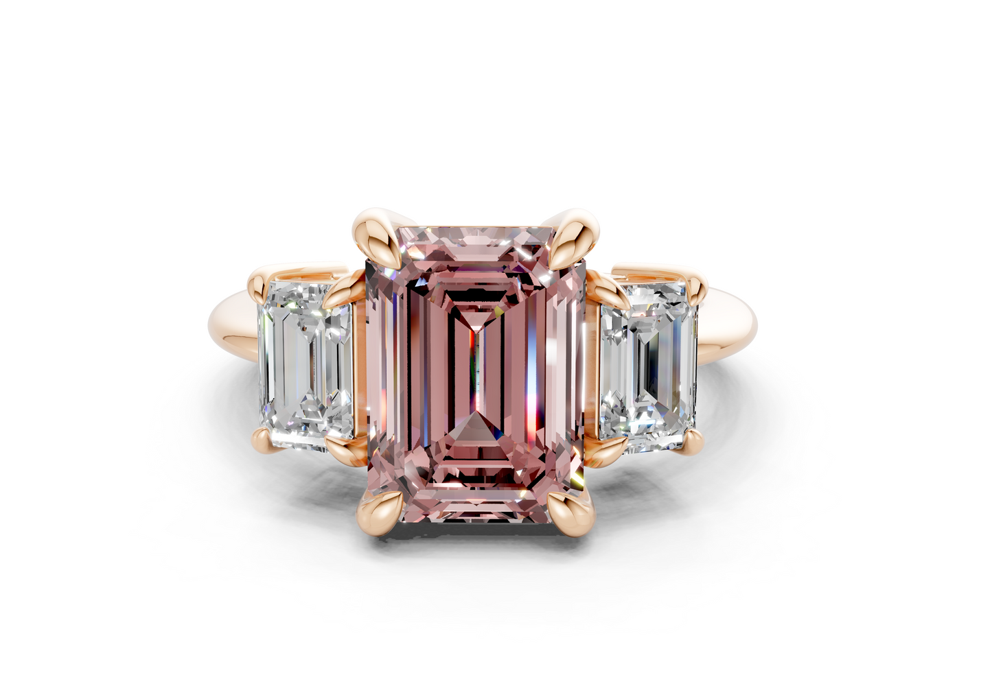 Valencia Pink Diamond Three Stone Emerald Cut 2mm Engagement Ring