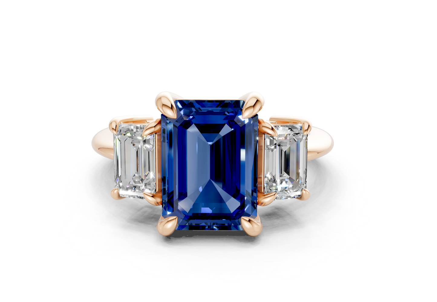 Valencia Sapphire Gemstone Three Stone Emerald Cut 2mm Engagement Ring