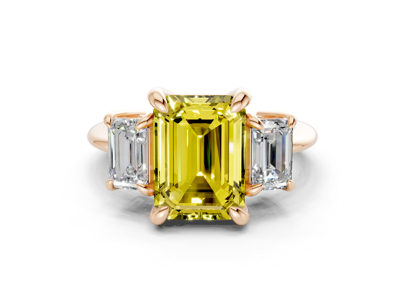 Valencia Yellow Diamond Three Stone Emerald Cut 2mm Engagement Ring
