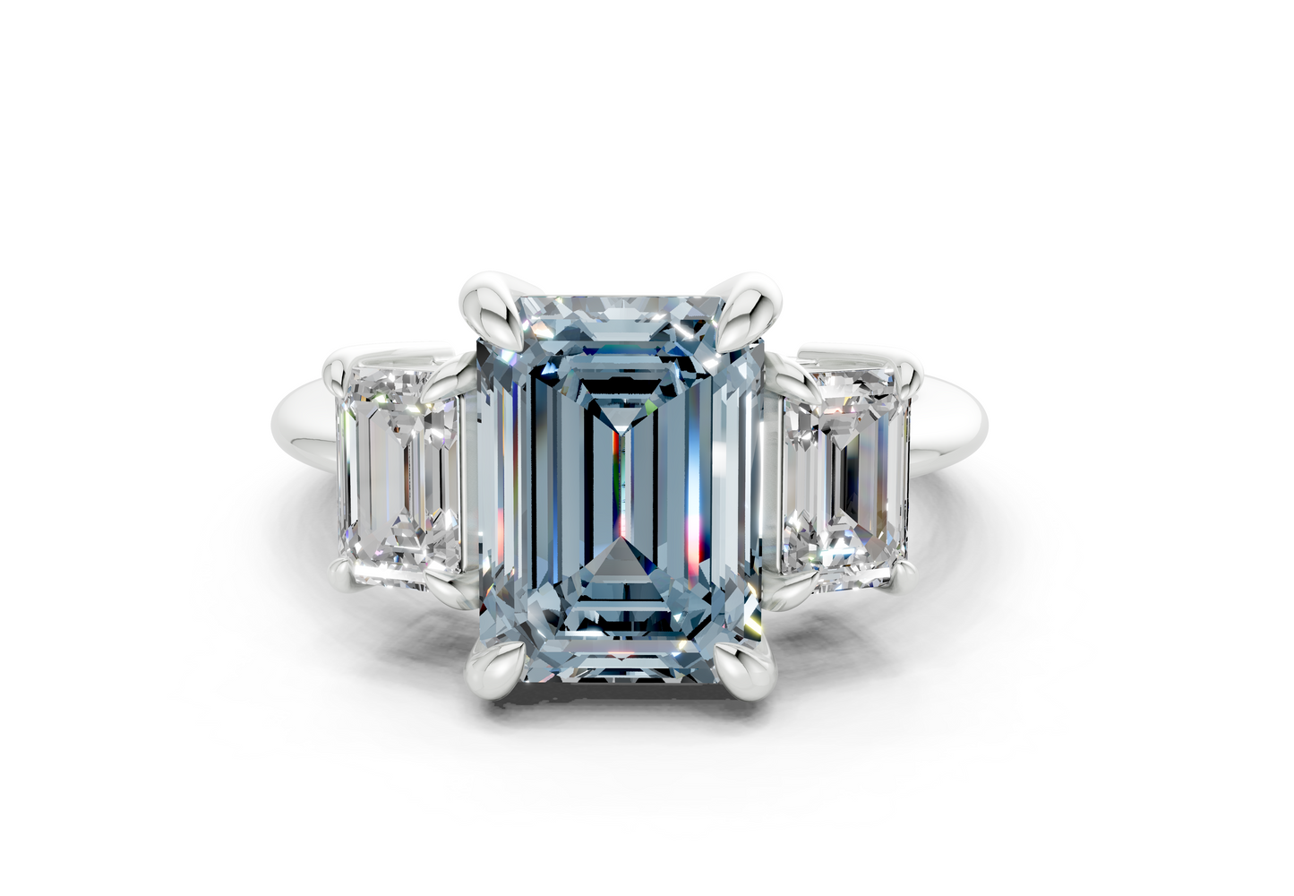 Valencia Blue Diamond Three Stone Emerald Cut 2mm Engagement Ring
