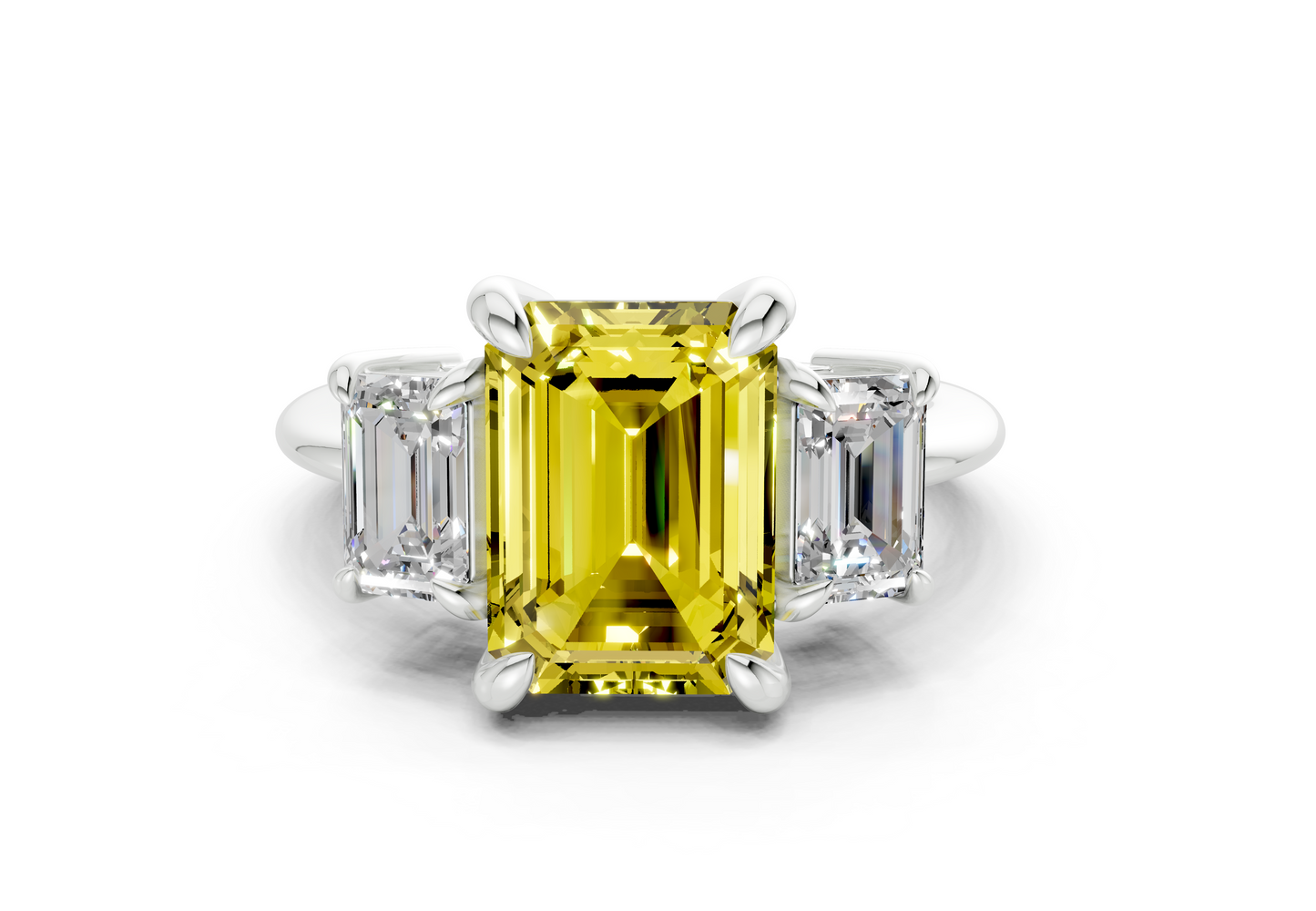 Valencia Yellow Diamond Three Stone Emerald Cut 2mm Engagement Ring