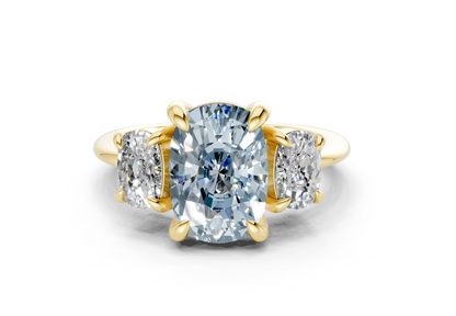 Valencia Blue Diamond Three Stone Elongated Cushion Cut 2mm Engagement Ring