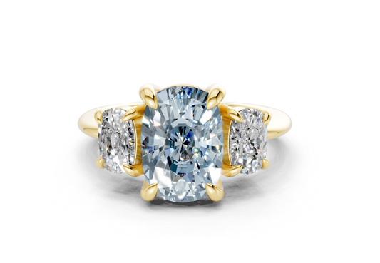 Valencia Blue Diamond Three Stone Elongated Cushion Cut 2mm Engagement Ring