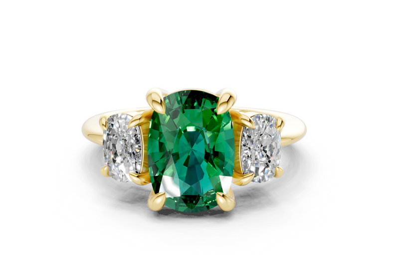 Valencia Emerald Gemstone Three Stone Elongated Cushion Cut 2mm Engagement Ring