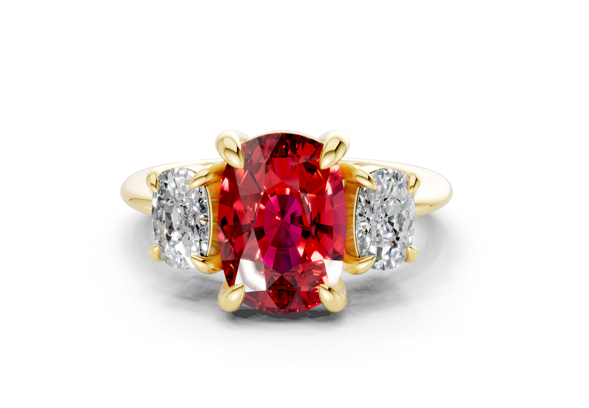 Valencia Ruby Gemstone Three Stone Elongated Cushion Cut 2mm Engagement Ring