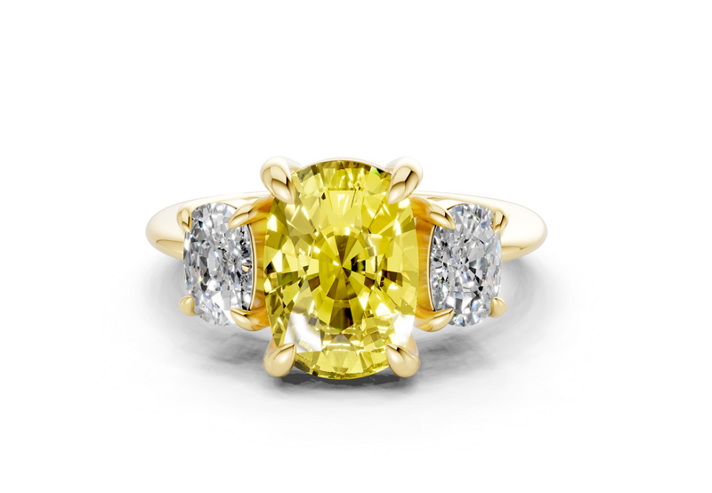Valencia Yellow Diamond Three Stone Elongated Cushion Cut 2mm Engagement Ring
