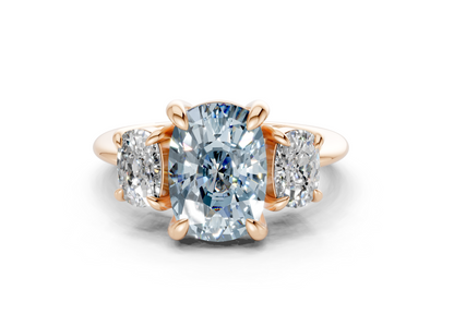Valencia Blue Diamond Three Stone Elongated Cushion Cut 2mm Engagement Ring