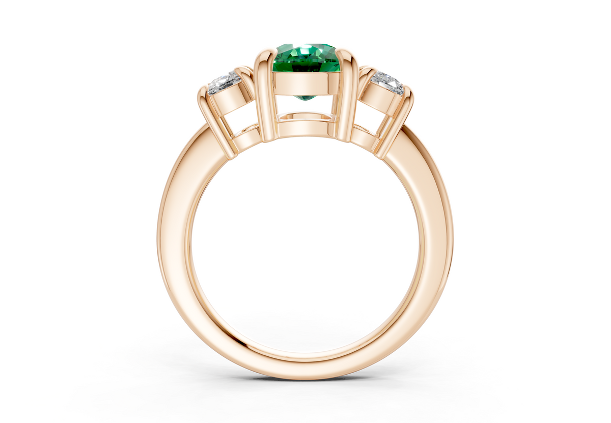 Valencia Emerald Gemstone Three Stone Elongated Cushion Cut 2mm Engagement Ring