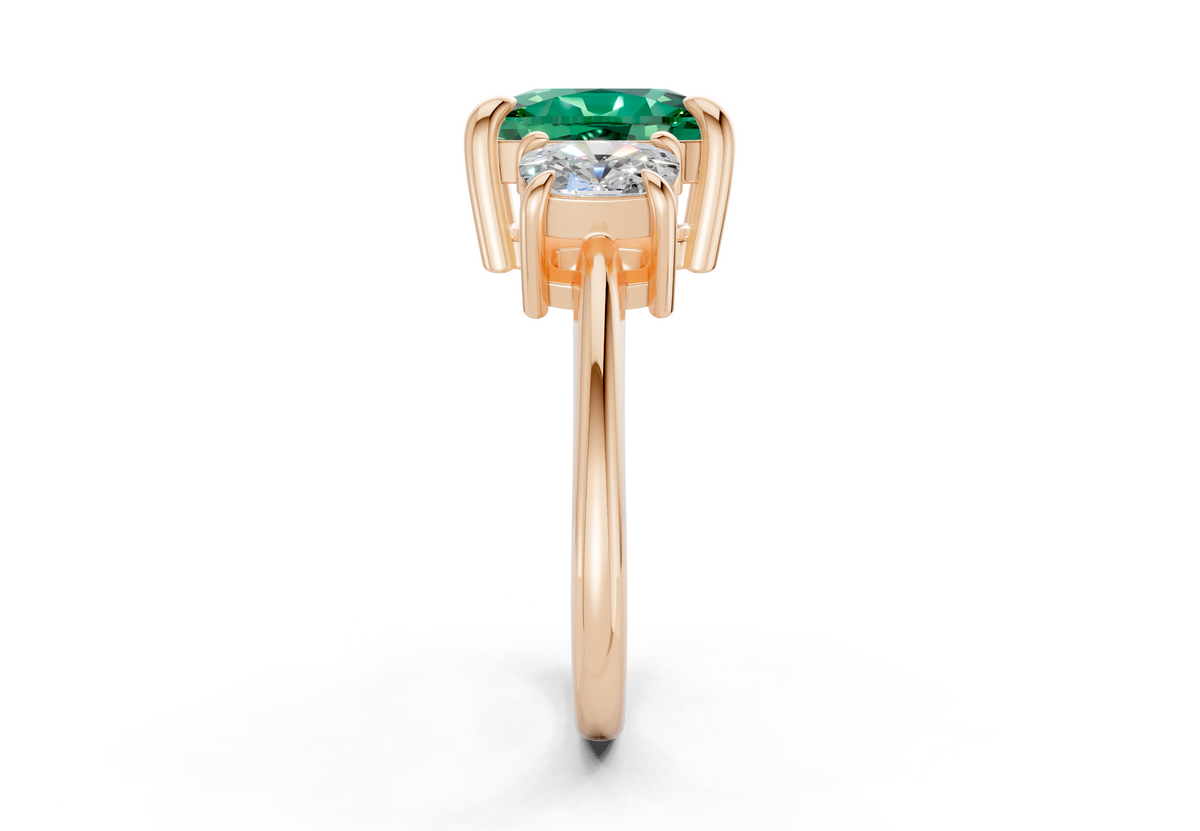 Valencia Emerald Gemstone Three Stone Elongated Cushion Cut 2mm Engagement Ring
