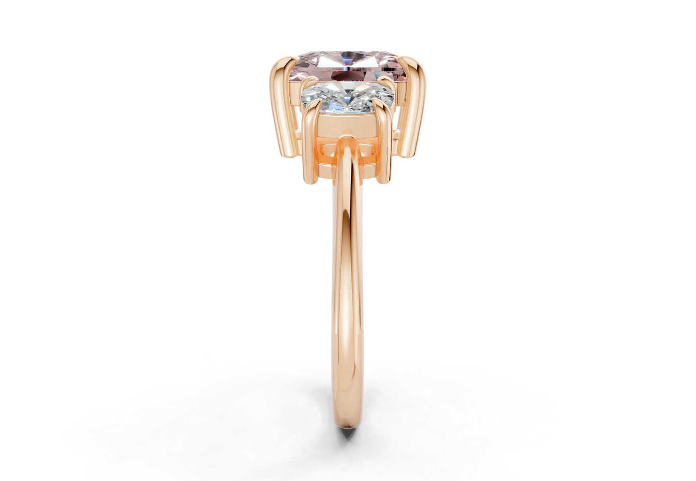 Valencia Pink Diamond Three Stone Elongated Cushion Cut 2mm Engagement Ring