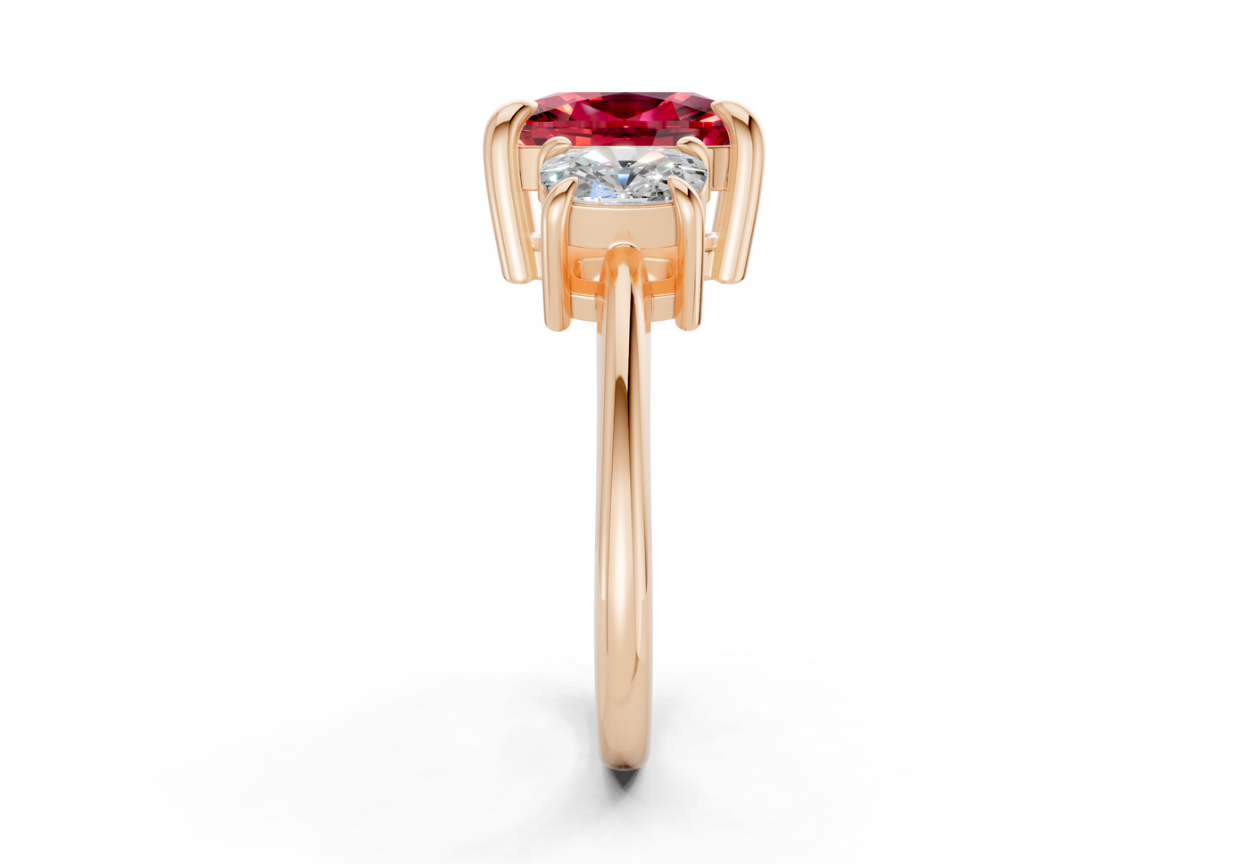 Valencia Ruby Gemstone Three Stone Elongated Cushion Cut 2mm Engagement Ring