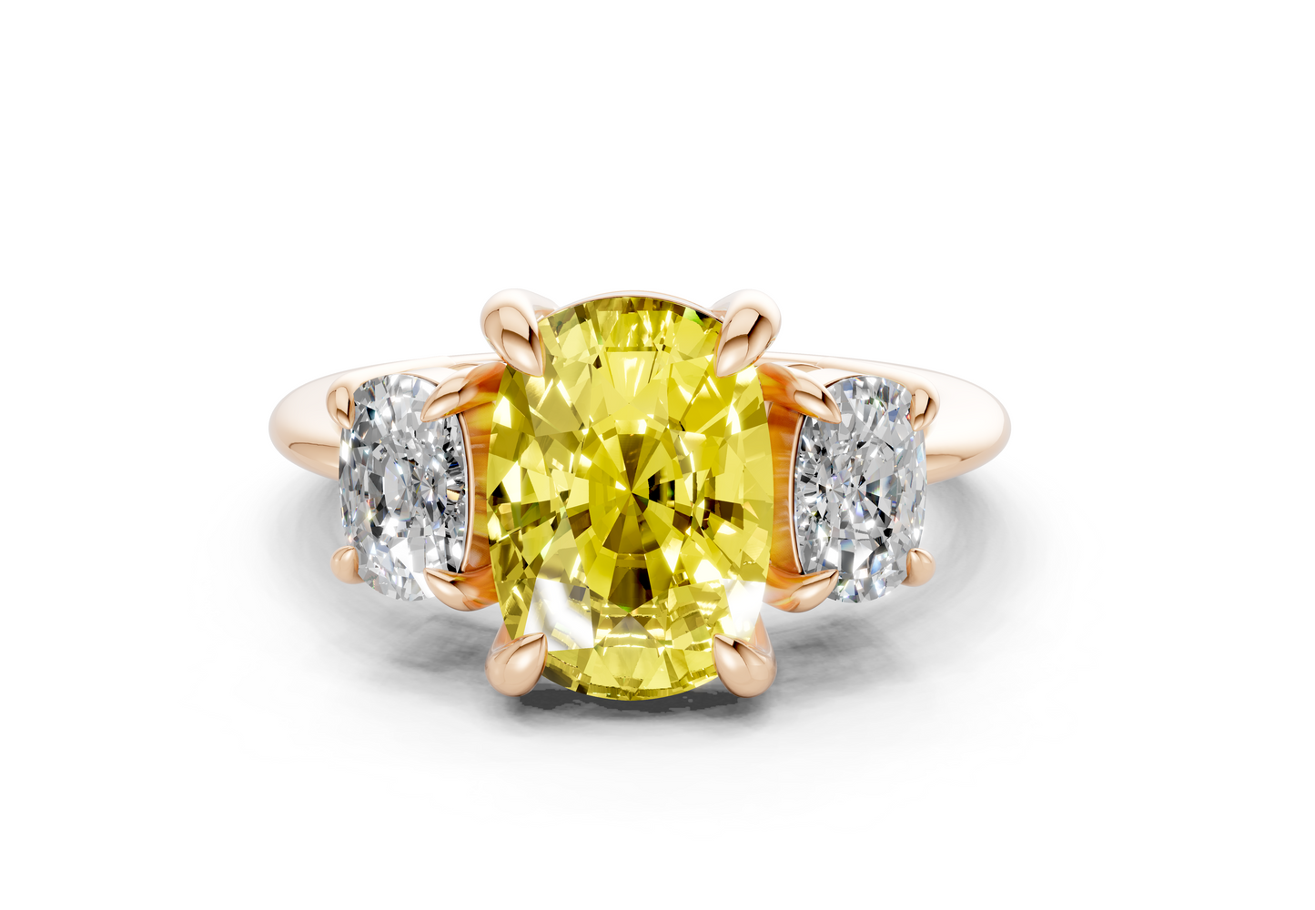 Valencia Yellow Diamond Three Stone Elongated Cushion Cut 2mm Engagement Ring