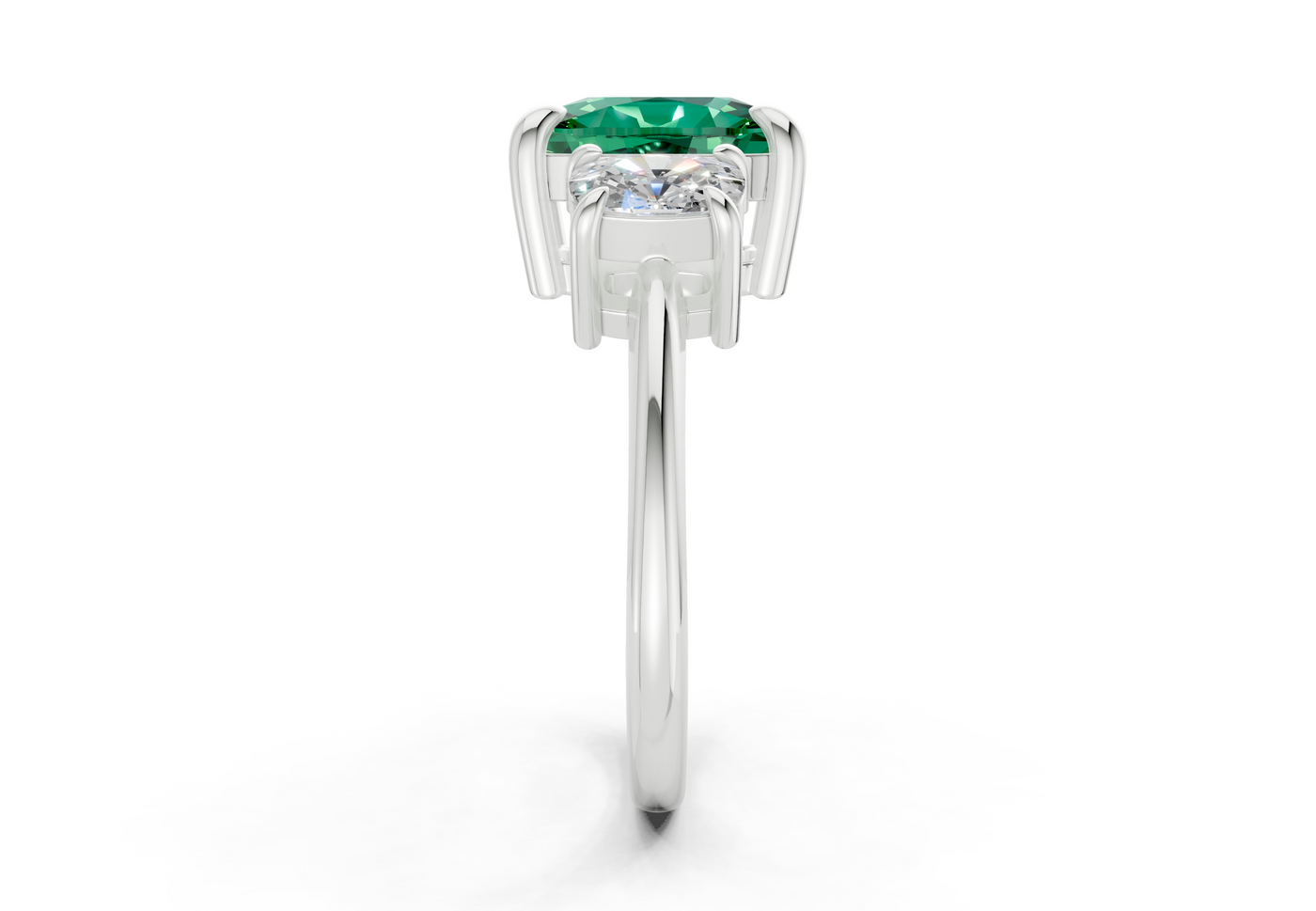 Valencia Emerald Gemstone Three Stone Elongated Cushion Cut 2mm Engagement Ring