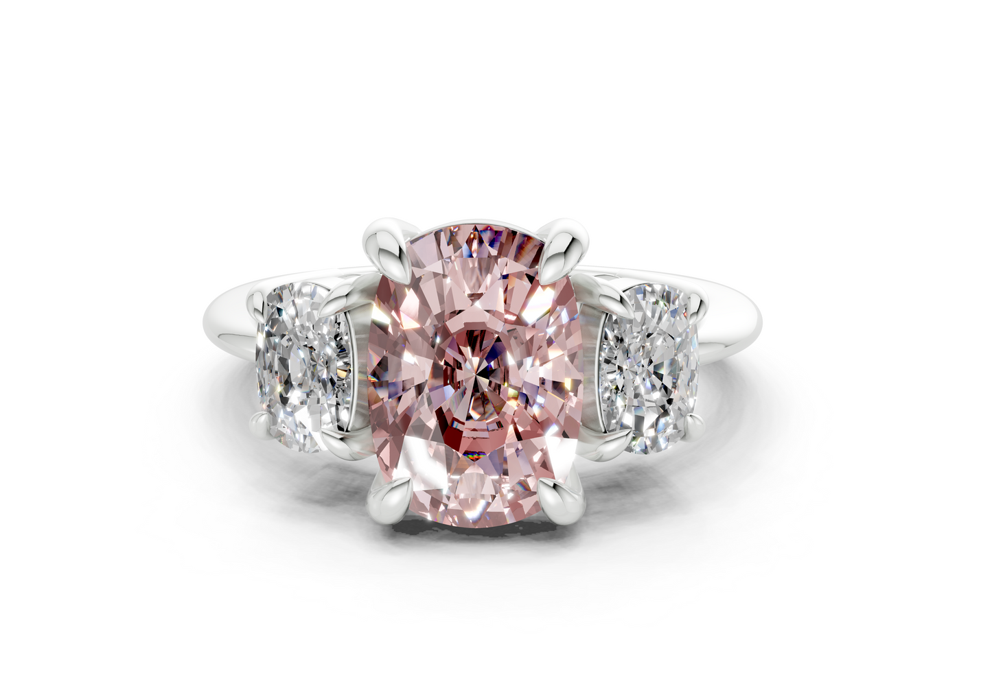 Valencia Pink Diamond Three Stone Elongated Cushion Cut 2mm Engagement Ring