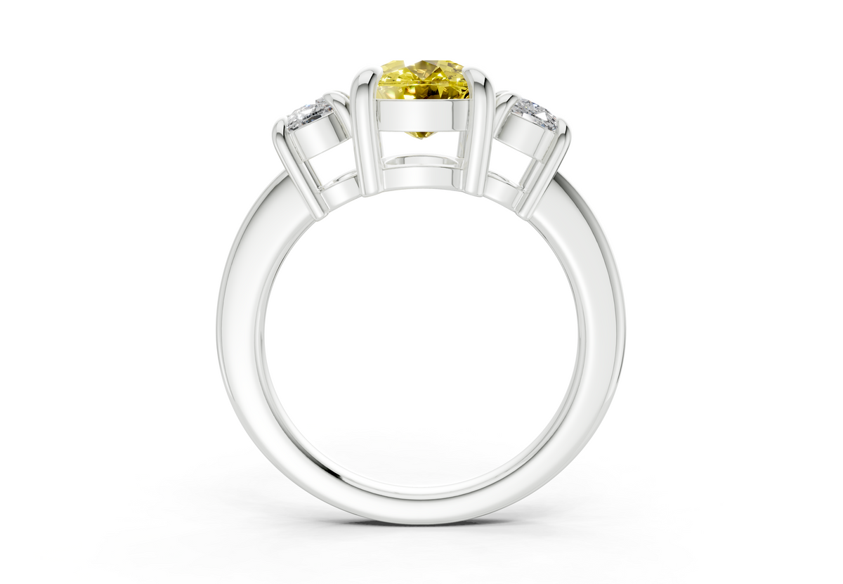 Valencia Yellow Diamond Three Stone Elongated Cushion Cut 2mm Engagement Ring