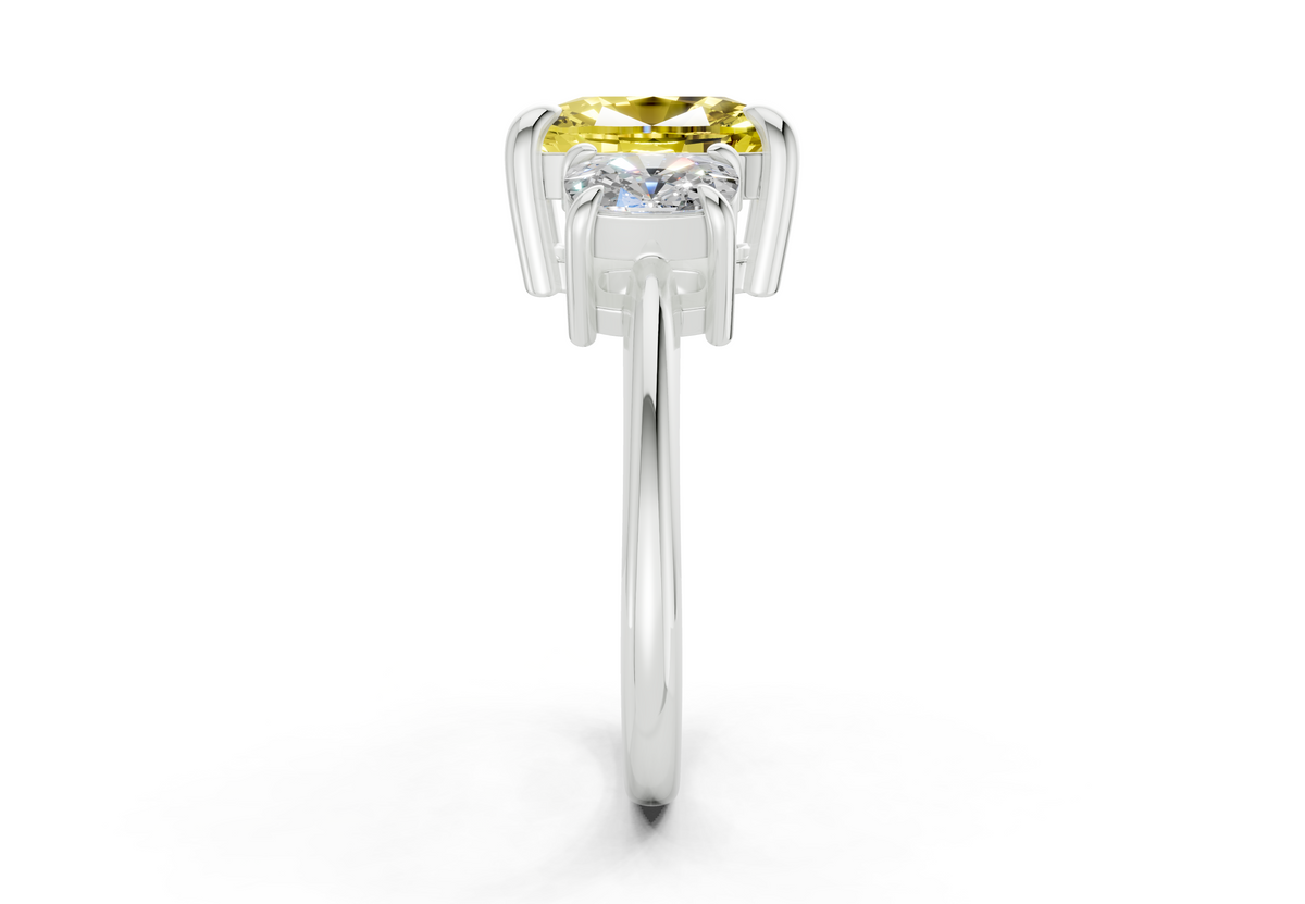 Valencia Yellow Diamond Three Stone Elongated Cushion Cut 2mm Engagement Ring