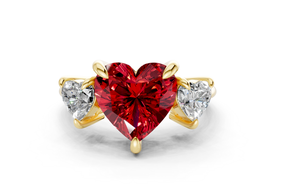 Valencia Ruby Gemstone Three Stone Heart Cut 2mm Engagement Ring